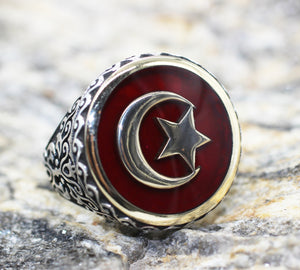 Рачен изработен сребрен прстен од турско знаме - 925 прстен од сребрен симболичен прстен - Прстен за марки за марки - Турски накит - Малколм Х ринг