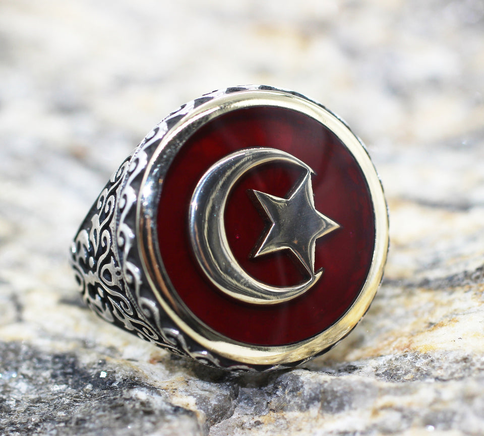 हस्तनिर्मित तुर्की ध्वज चांदी की अंगूठी - 925 स्टर्लिंग चांदी प्रतीकात्मक अंगूठी - पुरुषों की स्टाम्प अंगूठी - तुर्की आभूषण - मैल्कम एक्स अंगूठी
