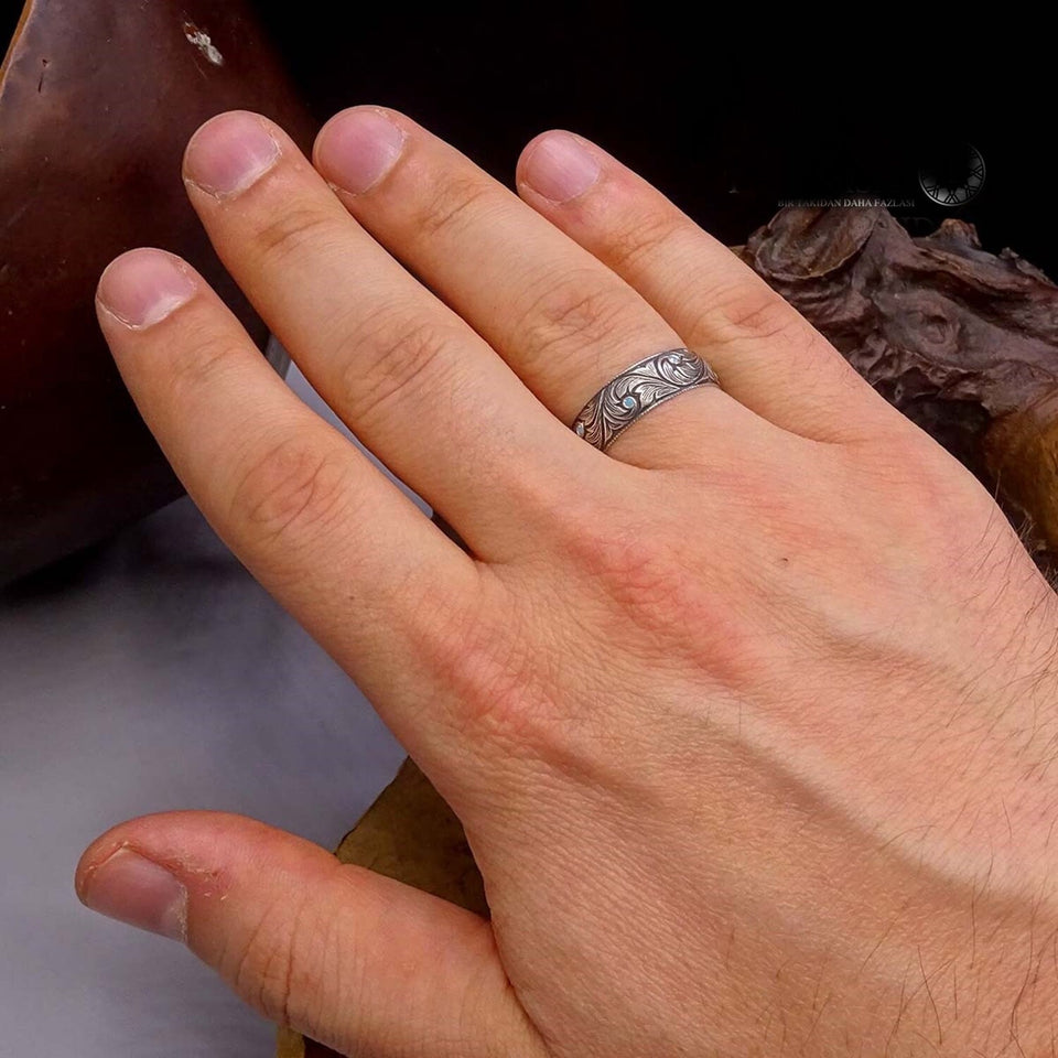 7 mm ručno izrađene originalne olovke srebrni prsten, turkizijski ukrašeni obični vjenčani prsten, jelo za vjenčani prsten za njega -siječan vjenčani poklon