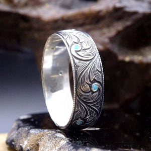 7 мм кол менен жасалган оригиналдуу калем жумушу күмүш шакек, Turqioise Stone Plain Wedding Ring, үйлөнүү шакекчеси ага -silver үйлөнүү белек