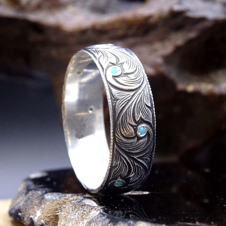 7 mm handgemachte Original Pen Work Silber Ring, Turqioise Stoned Plain Ehering, Ehering Schüssel für ihn - Silber Hochzeitsgeschenk