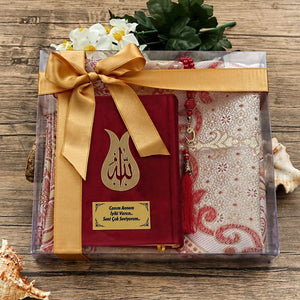 Special for Ramadan Gift Box, Bordeaux Sejadah Praying Mat, Quranı Kareem and Tasbeeh with Roses, Islamic Gift, Muslimah Gift