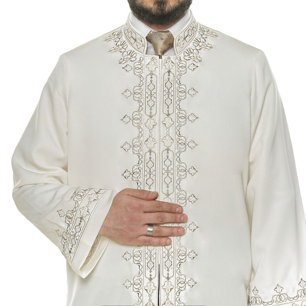 Tawheed Cream Muslim Long Kurta  S M, L, XL Islamic Mens Wear, Bordured Thobe, Galabiyya, Jubbah - islamicbazaar