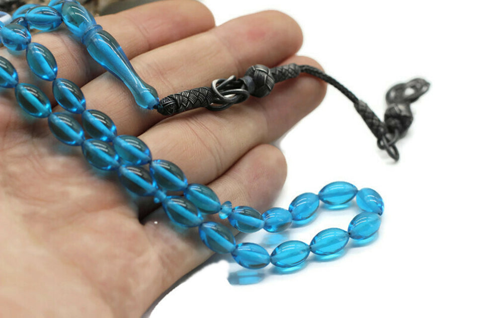 Sky Blue Amber Tasbih 925 Стерлинг Күмүш Тассел менен, Мисбаха, 33 даана Тилек мончоктору - islamicbazaar