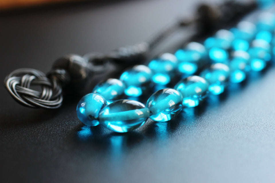 Sky Blue Amber Tasbih With 925 Sterling Silver Tassel, Misbaha, 33 Pcs Prayer Beads - islamicbazaar