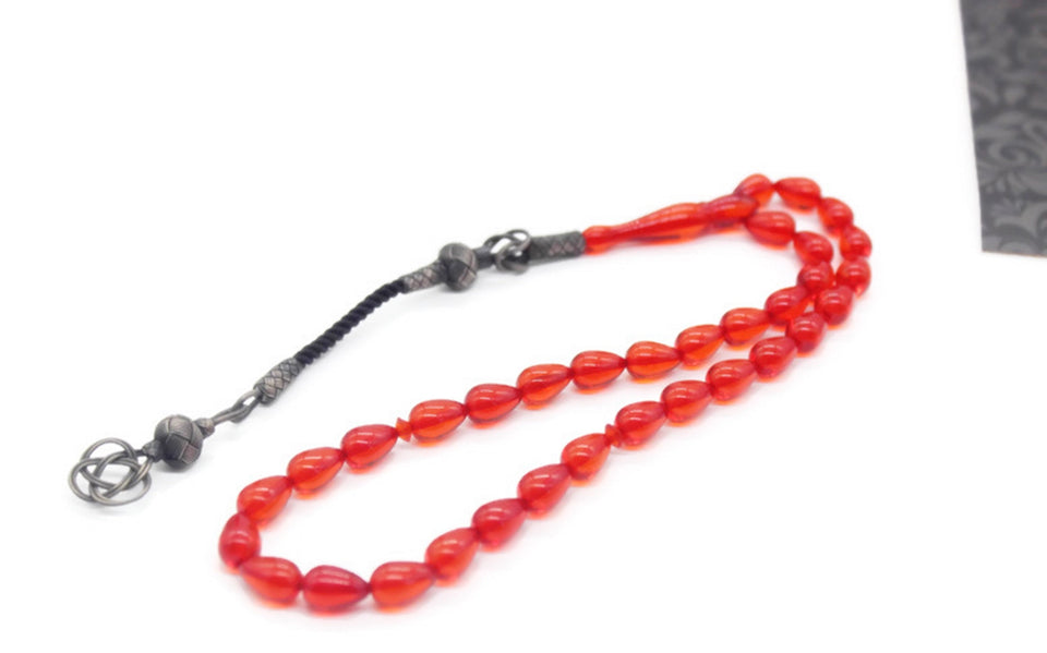 Fire Red Amber Tasbih 925 Стерлинг Күмүш Тассел менен, Мисбаха, 33 даана Тилек мончоктору - islamicbazaar