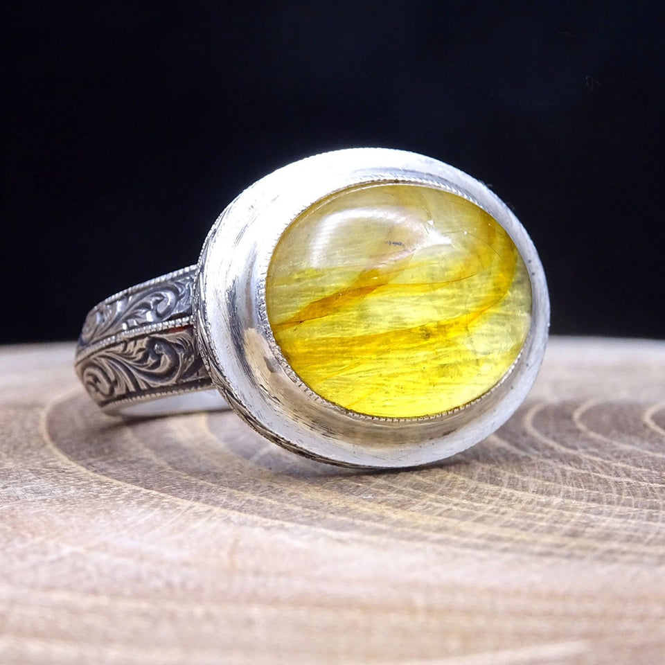 Squisito anello in ambra con penna artigianale realizzata a mano con ricamo artigianale, anello in argento sterling, anello da uomo, anello in argento, anello fatto a mano