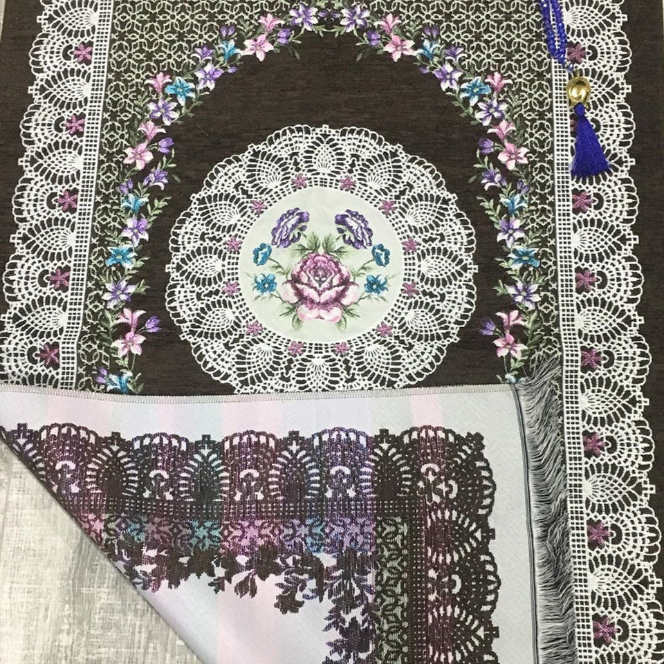 Dark Brown Floral Sejadah - Lux Prayer Mat - Prayer Rug - Janamaz - Elegant, High Quality, Luxury - A Unique Islamic Gift