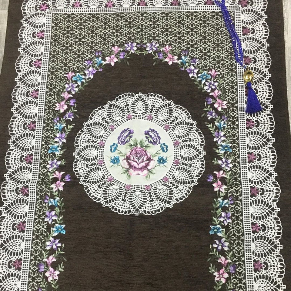 Dark Brown Floral Sejadah - Lux Prayer Mat - Prayer Rug - Janamaz - Elegant, High Quality, Luxury - A Unique Islamic Gift