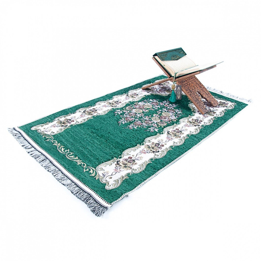Lux Green Roses Islamic Prayer Rug, Portable Sejadah, Travel Prayer Rug, Salat Musallah Sejadah Janamaz