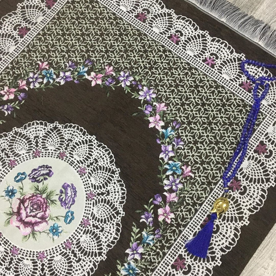 Dark Brown Floral Sejadah - Lux Prayer Mat - Prayer Rug - Janamaz - Elegant, High Quality, Luxury - A Unique Islamic Gift