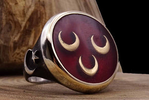 Tre halvmåne rød sølvring med halvmåne stjerne - Sterling sølv skinnende ring - Mænds frimærkering - Authentic Rings - Muslim Ring