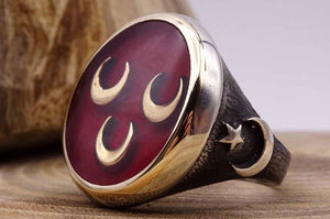 Three Crescent Red Silver Ring with Crescent Star - Sterling Silver Shiny Ring - Mens stamp ring -Authentic Rings - Muslim Ring
