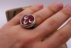 Drie halve maan rood zilveren ring met halve maan - Sterling zilveren glanzende ring - mens stempel ring - authentieke ringen - moslim ring