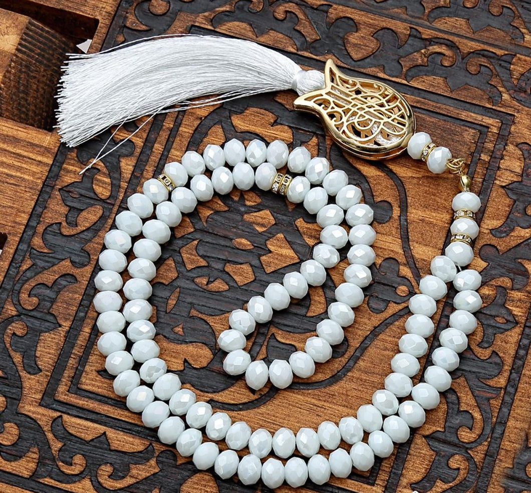 Handmade White Crysal Tasbeeh, Prayer Beads 99 Misbaha, Masbaha, 99 beads Tasbeeh, 8mm beads tasbeeh, Crystal Tasbeeh, TSBK