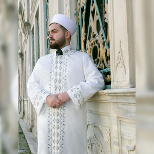 Tirmizi L Bestickte Creme Jubbah, islamische Herrenbekleidung, Bordured Thobe, Galabiyya, Long Kurta, Cubbe - islamischer Basar