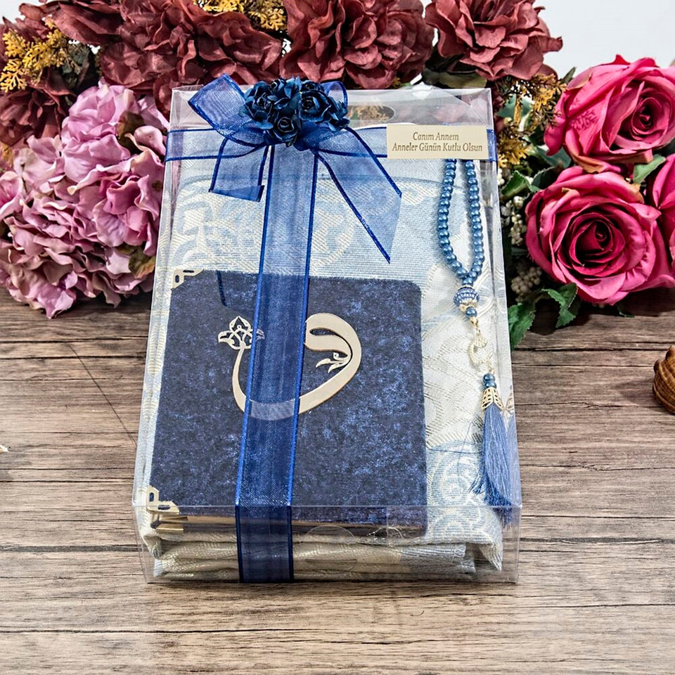 Caja de regalo de Ramadán, alfombra de oración azul oscuro, libro de terciopelo Yaseen, decoración de Ramadán, favores de bienvenida, favores de Ameen, Ramadan Kareem MVD13