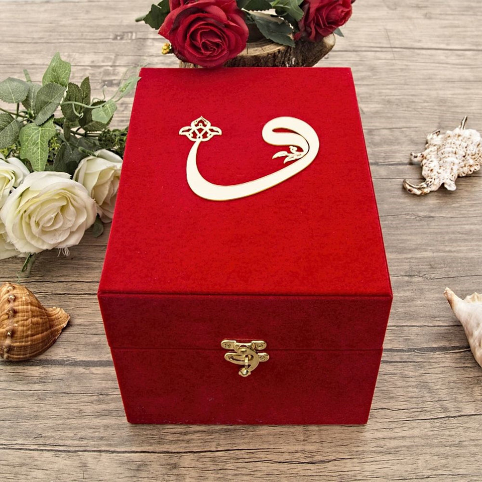 Red Ramadan Gift Box, Special Gift for Mother, Velvet Quran, Turkish Coffee Cups, Turkish Coffee Set Unique Islamic Gift MVD16