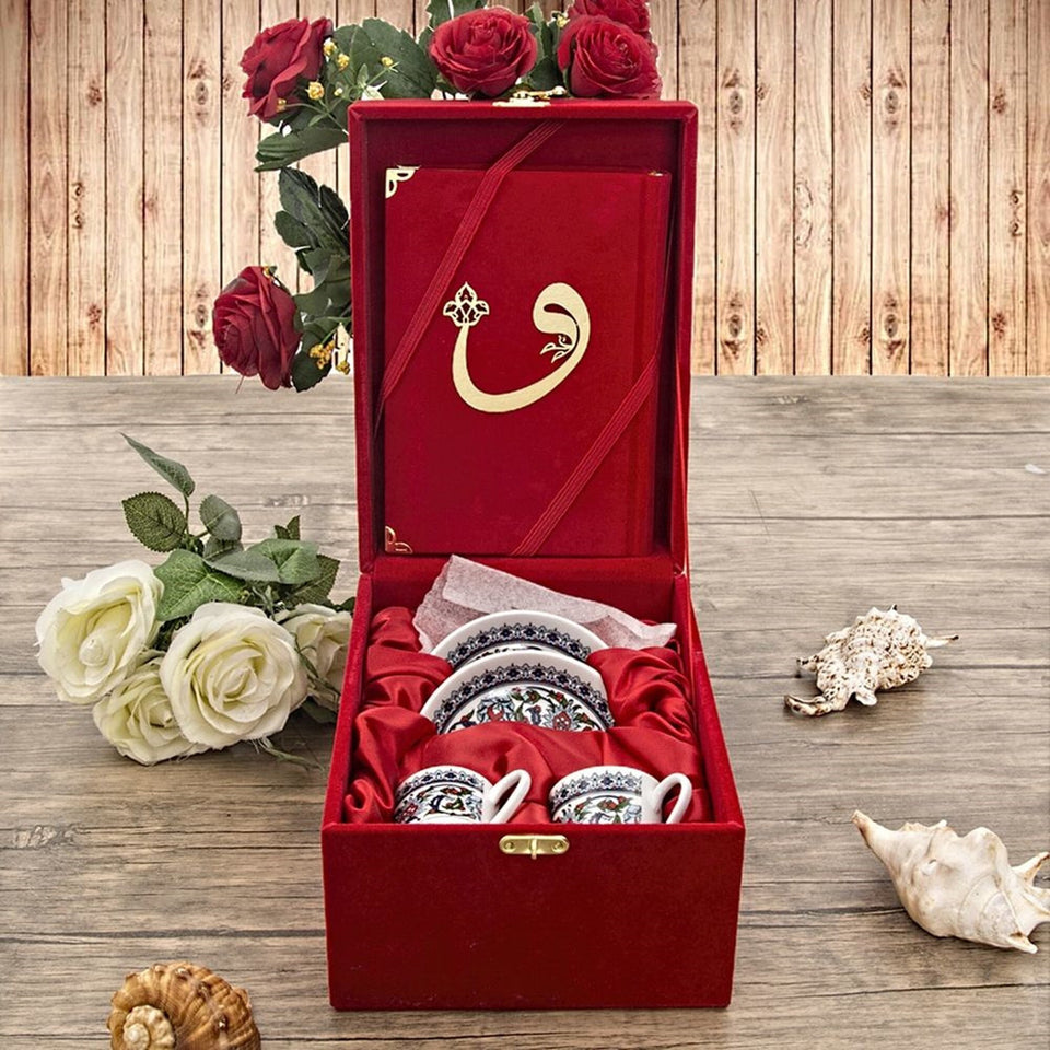 Red Ramadan Gift Box, Special Gift for Mother, Velvet Quran, Turkish Coffee Cups, Turkish Coffee Set Unique Islamic Gift MVD16