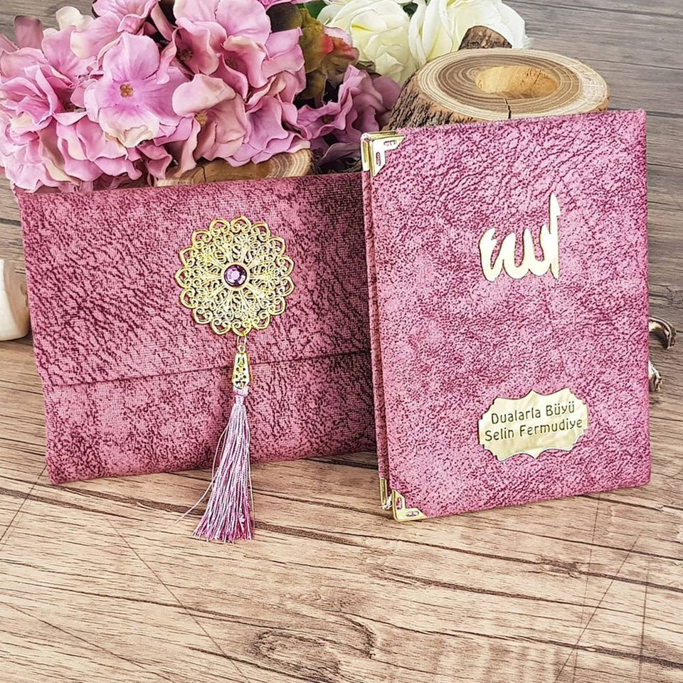10 piezas rosa personalizado Slub Surah Yaseen Bag Tasbeeh Gift Set | Regalo de Eid | Regalo de boda | Regalo de Baby Shower | Regalo musulmán islámico MVD41