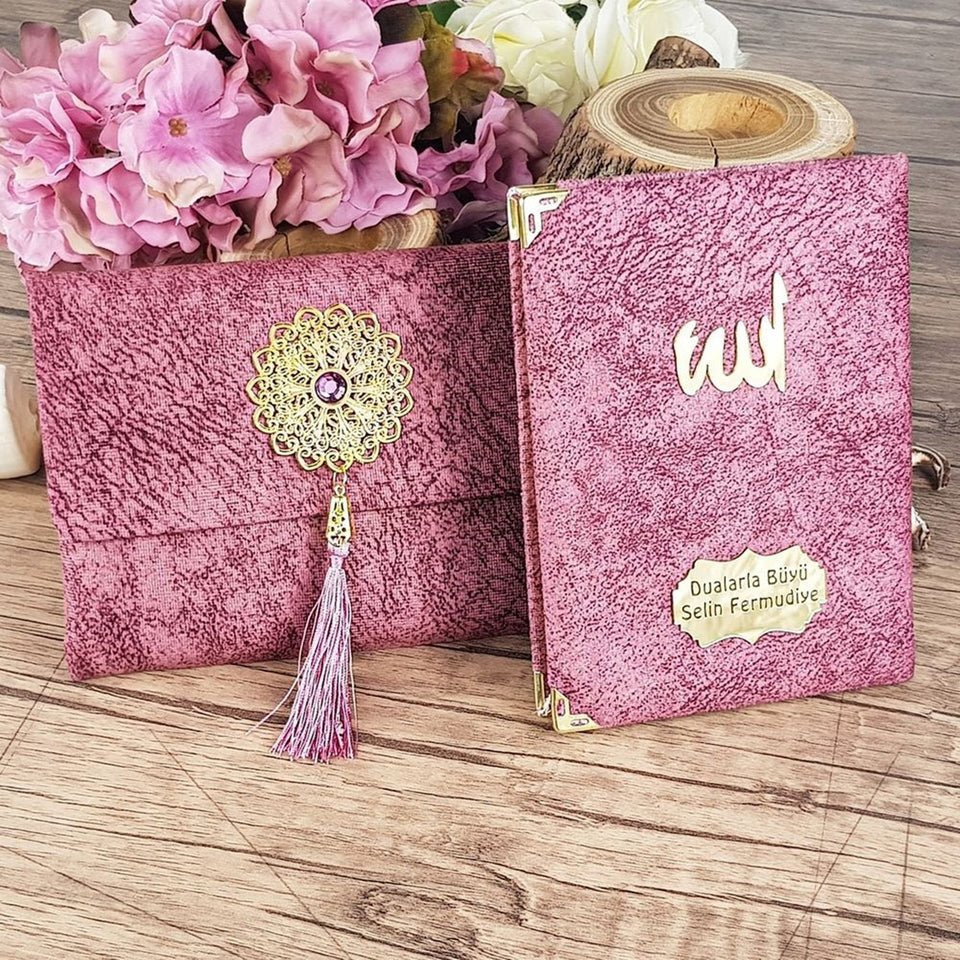 Itinakda ang Pink Yaseen Book, Yaseen Favors, Nubuck Cover Bag at Yaseen Book, Hajj Mabrour, Quran Favors, Natatanging Islamic Gift Set MVD20