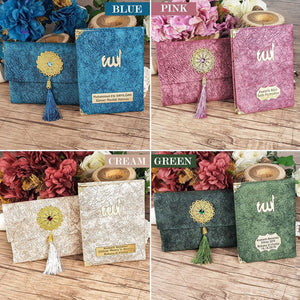 Set di libri Yaseen rosa, bomboniere Yaseen, borsa con copertina in nabuk e libro Yaseen, Hajj Mabrour, bomboniere del Corano, confezione regalo islamica unica MVD20