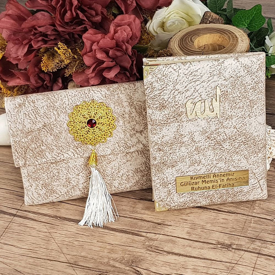 10 Pcs Cream Personalized Slub Surah Yaseen Bag Tasbeeh Gift Set | Eid Gift | Wedding Gift | Baby Shower Gift | Islamic Muslim Gift MVD43