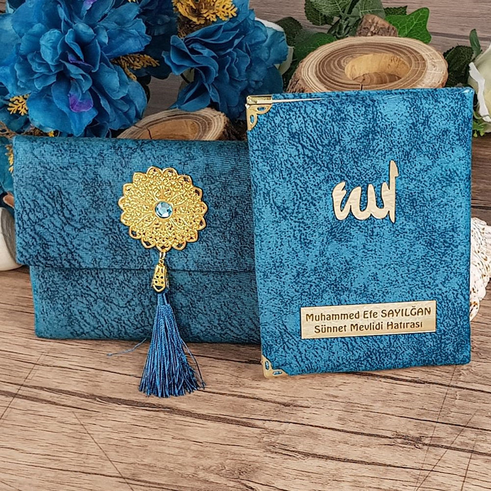 10 Stück blau personalisierte Slub Surah Yaseen Tasche Tasbeeh Geschenkset | Eid Geschenk | Hochzeitsgeschenk | Babypartygeschenk | Islamisches muslimisches Gif MVD42