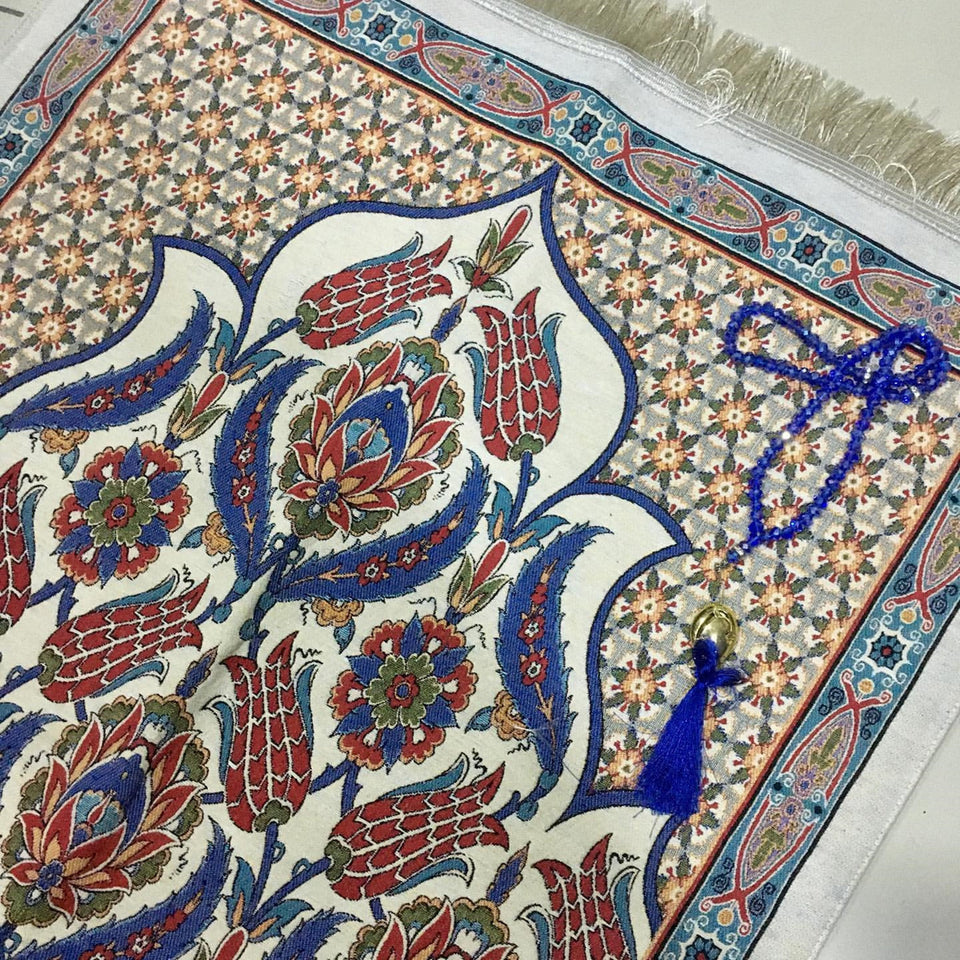 Lux Masjid Tile Tulips Prayer Mat with Extra Lining, Prayer Mat with Tasbeeh, Prayer Rug, Sajjada, Janamaz, Unique Islamic Gift YSLM09