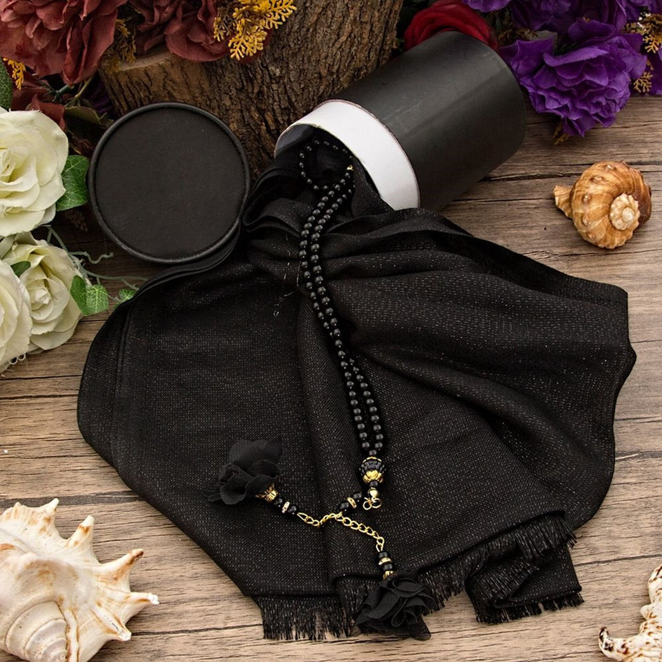 Matte Black Cylinder Gift Set, Shawl and Pearl Bead Tasbeeh Set, Housewarming Gift, Hajj Mabrour Gift Set MVD28