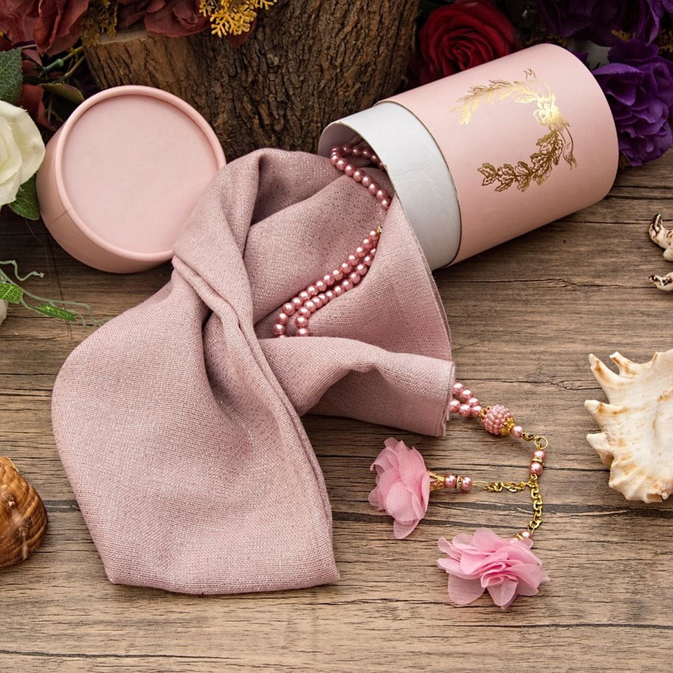 Cylinder Gift Set, Shawl and Pearl Bead Tasbeeh Set, Housewarming Gift, Hajj Mabrour Gift Set MVD24