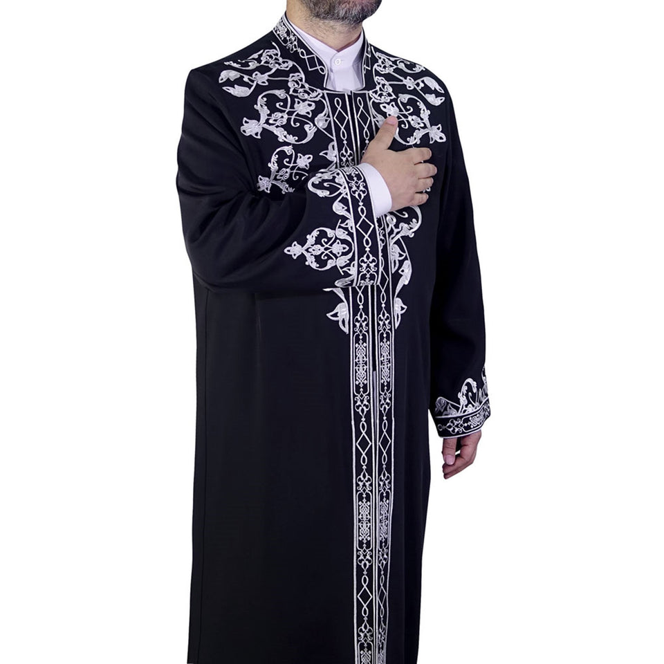 Celebi S, M, L, XL  Embroidered Black Jubbah, Islamic Mens Wear, Bordured Thobe, Galabiyya, Long Kurta, Cubbe - islamicbazaar