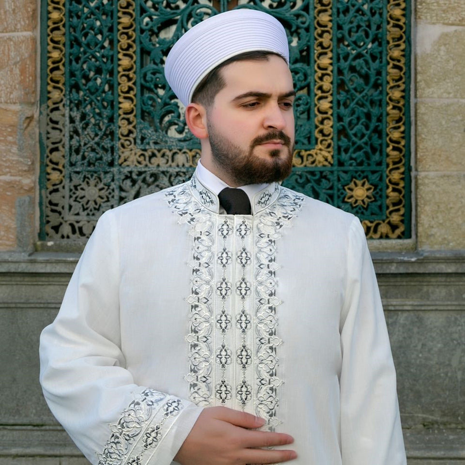 Tirmizi L Embroidered Cream Jubbah, Islamic Mens Wear, Bordured Thobe, Galabiyya, Long Kurta, Cubbe - islamicbazaar