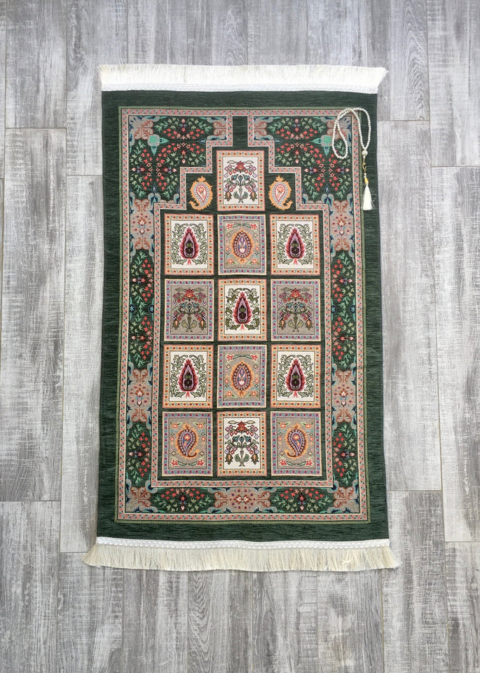 Yashil patchwork Nam mat, Tasbeh bilan namlangan mato, Namoz gilamchasi, Bohemiya gilamchasi, Turk gilamchasi, Islom sovg'asi YSLM16 - islamicbazaar