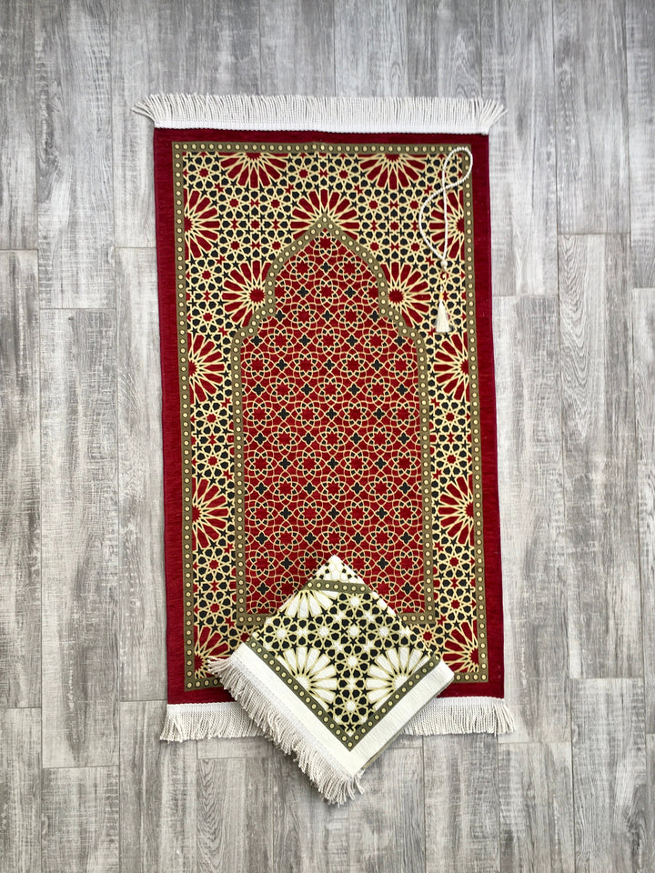 Red Geometric Motif Prayer Mat, Prayer Mat with Tasbeeh, Prayer Rug, Muslim Janamaz, Sajjada, Turkish Rug, Islamic Gift YSLM33