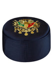 Dark Blue Ottoman Coat of Arms Embroidered Turban Kufi Cap, Imam Pagri Islamic Men's Head Wear