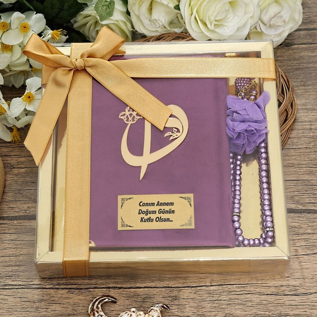 Lilac Quran Gift Set, Ramadan, Arabic Quran Book, Gold Box and PrayerBeads Set, Quran Favors, Hajj Favors, Ramadan Gifts, Ramadan Mobarak 