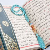 Ensemble cadeau bleu du Coran, Ramadan, livre du Coran arabe, boîte en or et ensemble de perles de prière, faveurs du Coran, faveurs du Hajj, cadeaux du Ramadan MVD11