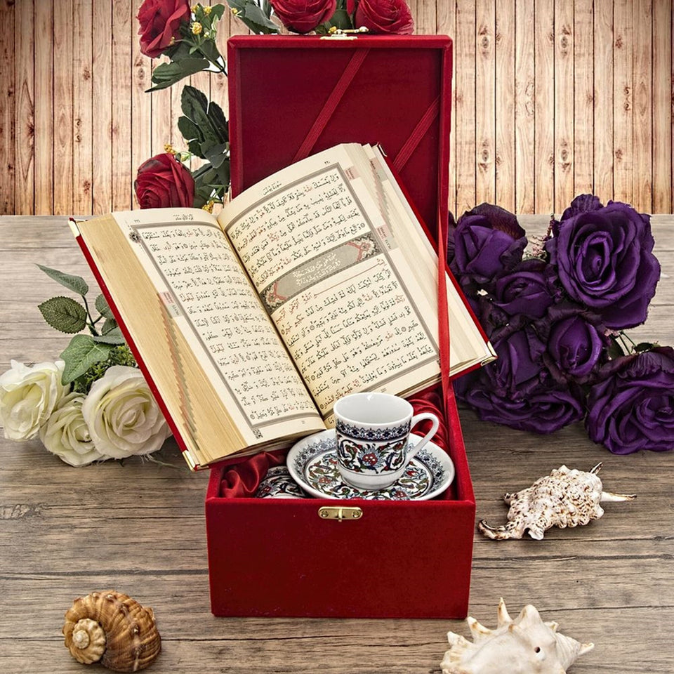 Red Box Gift Gift, Espesyal na Regalo para sa Ina, Velvet Quran, Mga Kape sa Turko, Turko ng Kape na Natatanging Regalo sa Islam MVD16