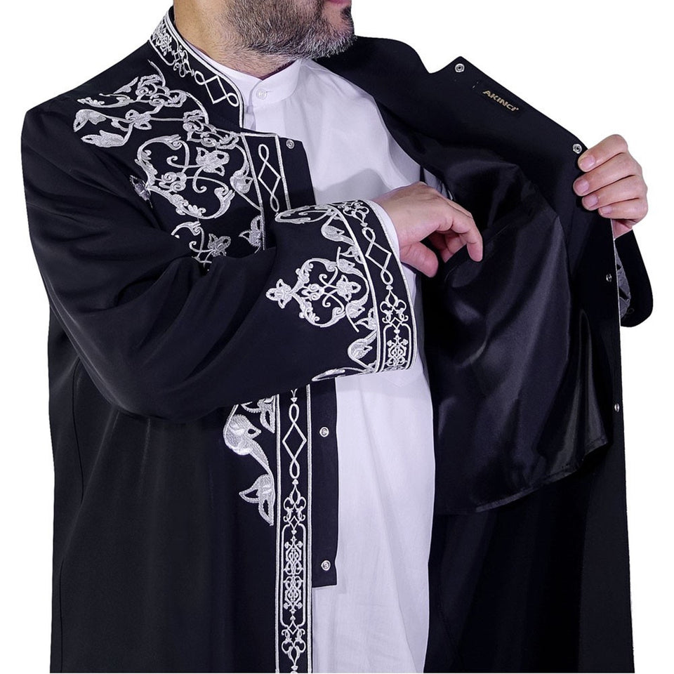 Celebi S, M, L, XL  Embroidered Black Jubbah, Islamic Mens Wear, Bordured Thobe, Galabiyya, Long Kurta, Cubbe - islamicbazaar