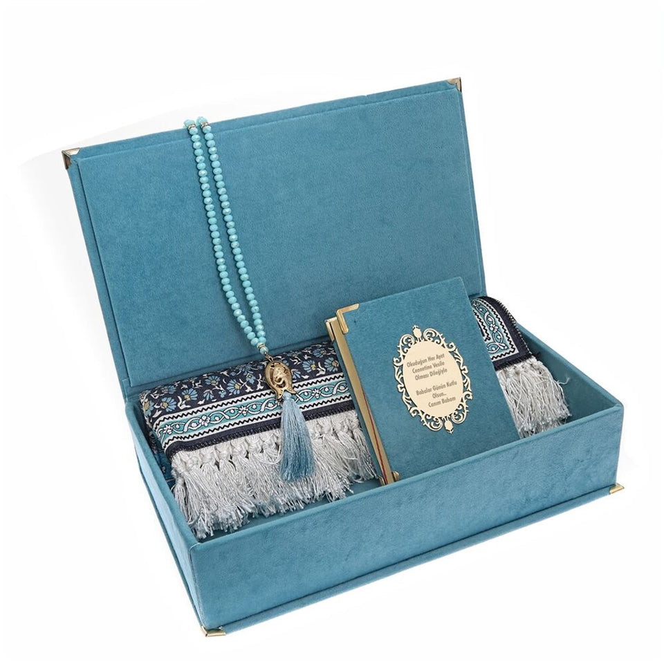 Islamic Gift Box, Special Gift for Father, Velvet Quran, Prayer Mat and Crystal Tasbih Set, Gift for Dad Unique Islamic Gift AOL5