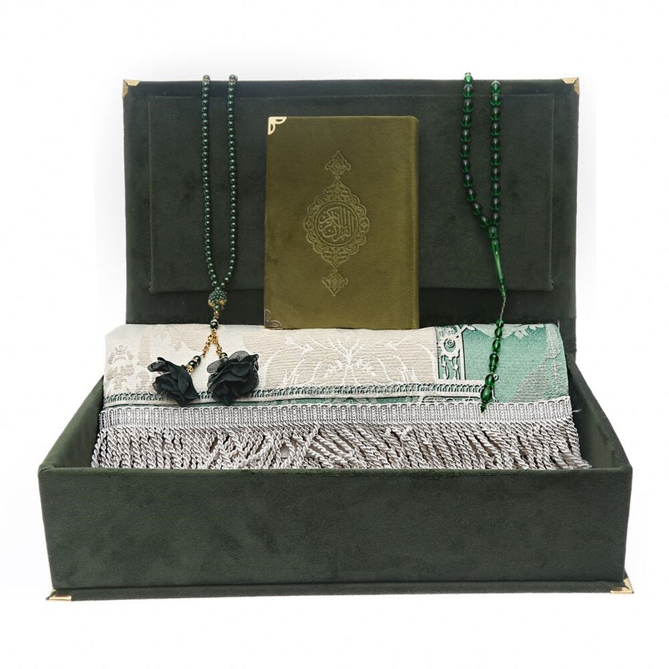 Green Islamic Gift Box, Special Gift for Father, Velvet Quran, Prayer Mat and Pearl Tasbih Set, Gift for Dad MVD37