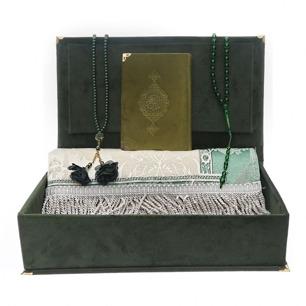 Green Islamic Gift Box, Special Gift for Father, Velvet Quran, Prayer Mat and Pearl Tasbih Set, Gift for Dad MVD37