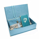 Blue Islamic Gift Box, Special Gift for Father, Velvet Quran, Prayer Mat and Crystal Tasbih Set, Gift for Dad MVD38