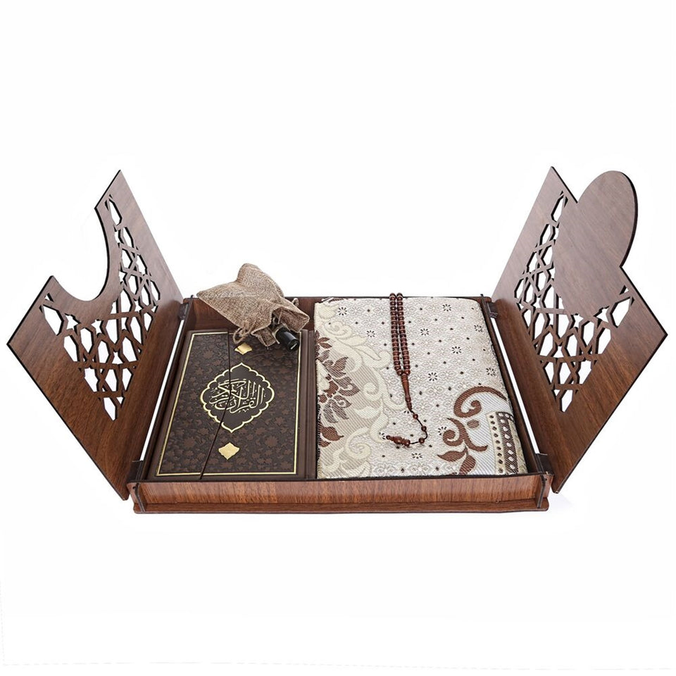 Lux Wooden Islamic Gift Box, Special Gift for Father, Thermo Leather Quran, Prayer Mat, Tasbih Set, Unique Gift MVD46