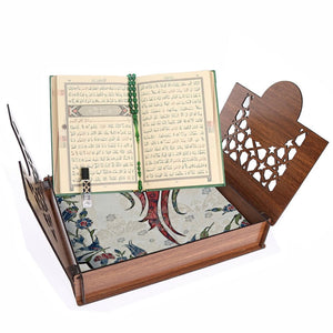 Lux Wooden Islamic Gift Box, Special Gift for Husband, Green Thermo Leather Quran, Prayer Mat, 33 Bead Tasbih, Eid Gifts MVD62