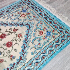 Blue Flowers Dowries Prayer Mat, Dowry Prayer Rug, Prayer Mat with Tasbeeh, Prayer Rug, Sajjada, Janamaz, Unique Islamic Gift YSLM12 - islamicbazaar