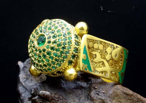Top Side Stoned Dome Side Arms Divine Themed Gold Plated Silver Ring, islamic rings, muslim rings