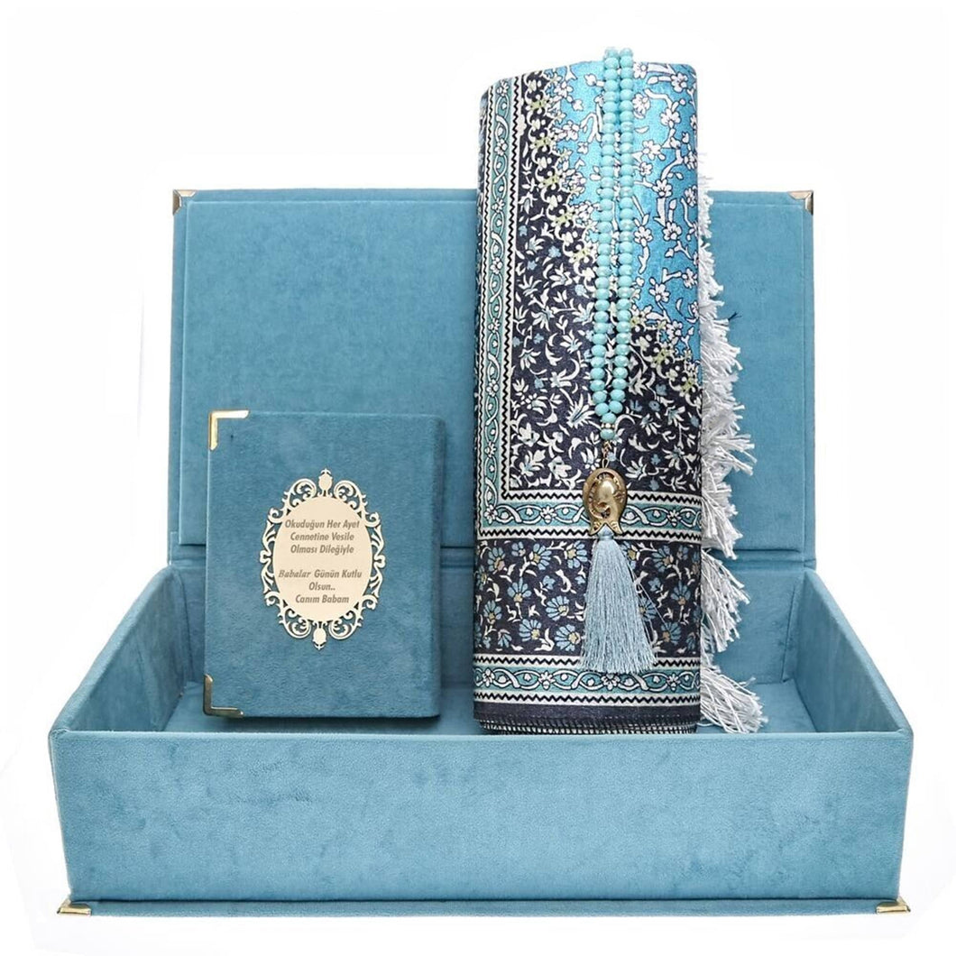 Islamic Gift Box, Special Gift for Father, Velvet Quran, Prayer Mat and Crystal Tasbih Set, Gift for Dad Unique Islamic Gift AOL5