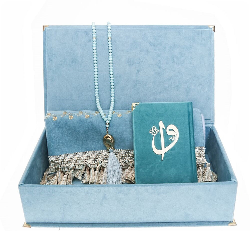 Blue Islamic Gift Box, Special Gift for Father, Velvet Quran, Prayer Mat and Crystal Tasbih Set, Gift for Dad MVD38